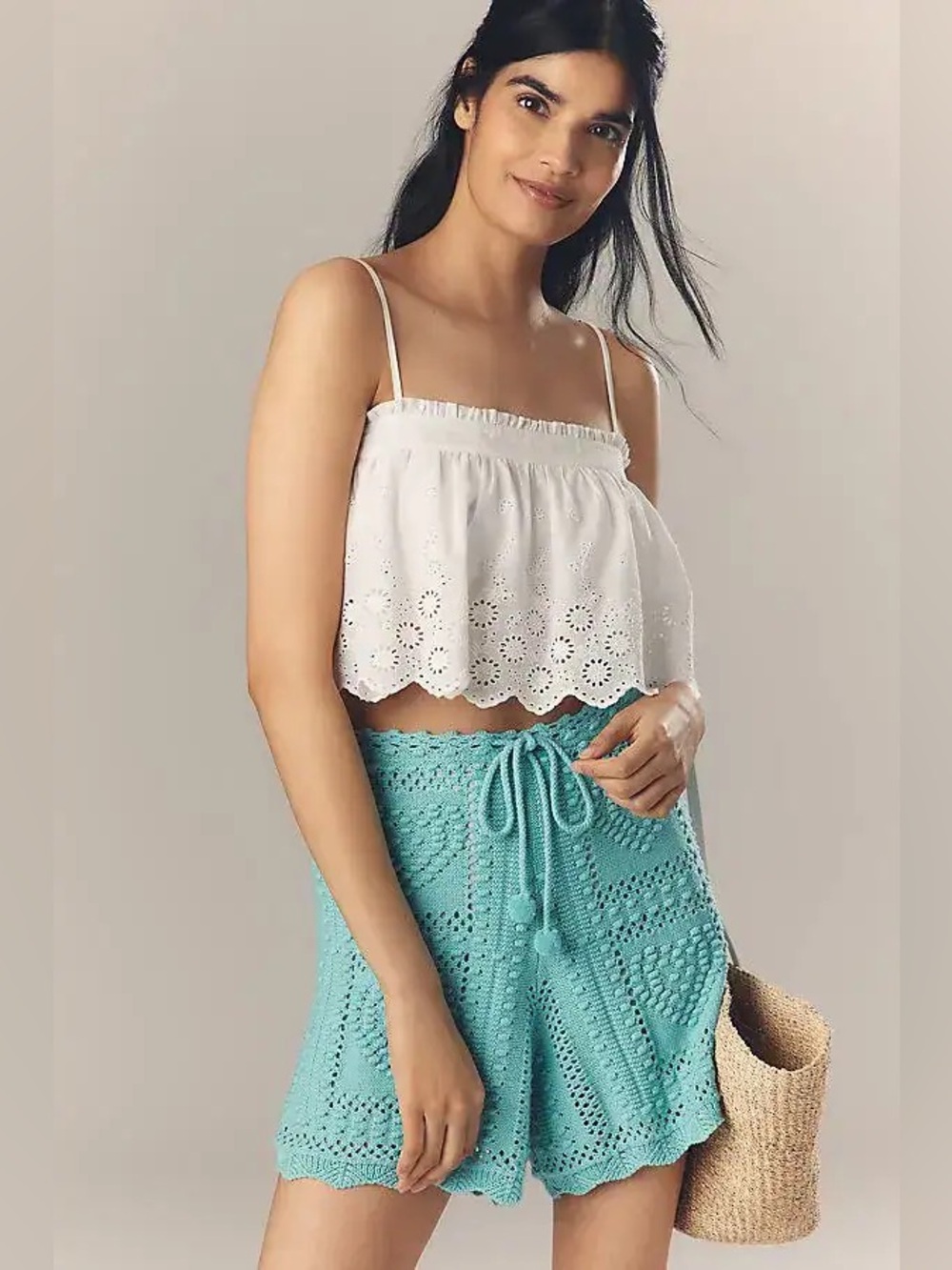 FARM Rio Anthropologie Crochet Knit Shorts M Turquoise Boho NWT